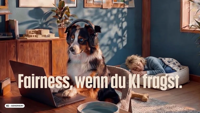Ein Hund sitzt an einem Laptop und tr&auml;gt Kopfh&ouml;rer. Hinter ihm liegt Frauchen auf dem Hundekissen und schl&auml;ft. Text im Bild: "Fairness, wenn du KI fragst."
