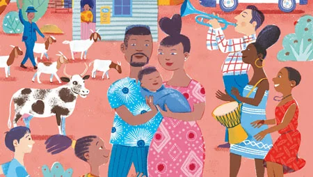 Gezeichnetes cartoonartiges Bild zeigt Szene in einem Ort: Eltern mit einem Baby, Musiker*innen, eine Kuh und Ziegen.