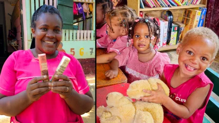 Zweigeteiltes Bild. Links: Frau vor einem Kindergartengebäude hält zwei GEPA-Schokoriegel in die Kamera. Rechts: Kindergartenkinder sitzen an einem Tisch und schauen in die Kamera.