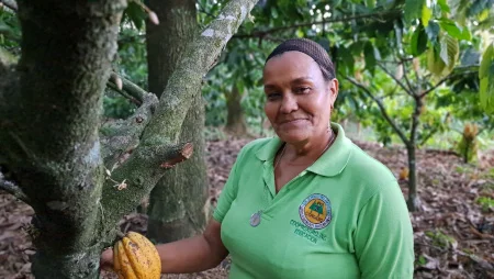 Frau in hellgrünem Polohemd steht an einem Kakaobaum in einem Wald. Am Stamm hängt eine große gelbe Kakaoschote.