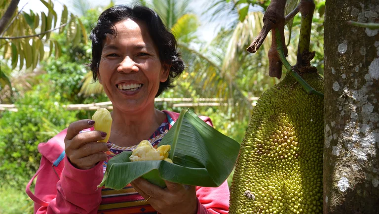 E. Marcon isst Jackfruit von einem großen Blatt und lächelt, neben ihr hängt eine riesige Jackfruit am Baum.