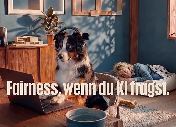 Ein Hund sitzt an einem Laptop und tr&auml;gt Kopfh&ouml;rer. Hinter ihm liegt Frauchen auf dem Hundekissen und schl&auml;ft. Text im Bild: "Fairness, wenn du KI fragst."