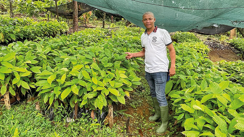 Aufforstung bei unserem Kakaopartner CECAQ-11, Produktionstechniker Anahory do Espírito, u. a. verantwortlich für Umweltschutz in einer von drei Baumschulen.
