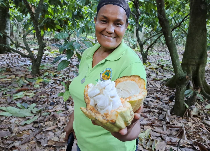 Eine Frau in einem Wald zeigt eine geöffnete Kakaoschote