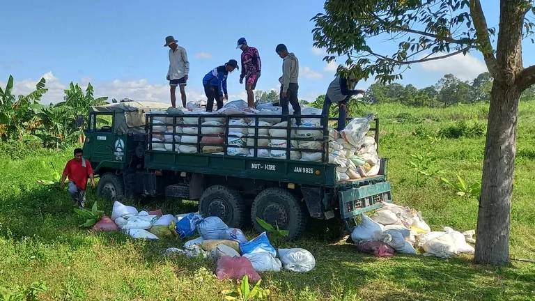 Mit S&auml;cken beladener und oben offener Laster auf einem Feld. Obendrauf f&uuml;nf Personen, die nach den S&auml;cken greifen, einer wirft einen Sack herunter.