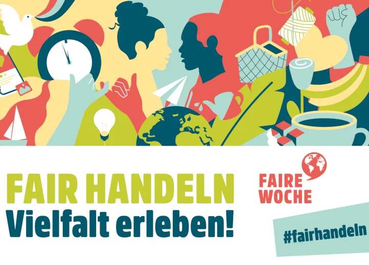 Key Visual der Fairen Woche 2025: Ob eine bunte Collage aus stilisierten Menschen, Smartphone, H&auml;nden, Weltkugel, Bananen, Kaffeetasse und mehr. Unten auf Wei&szlig; der Text "Fair Handeln. Vielfalt erleben!" sowie das Logo der Fairen Woche und der Hashtag #fairhandeln