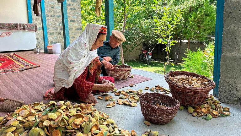 Frau und Mann hocken auf einen Teppich auf einer Veranda und sortieren Früchte.