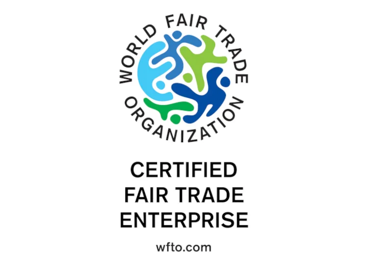 Vor weißem Hintergrund: Logo der World Fair Trade Organization (WFTO), darunter der Text "Certified Fair Trade Enterprise"