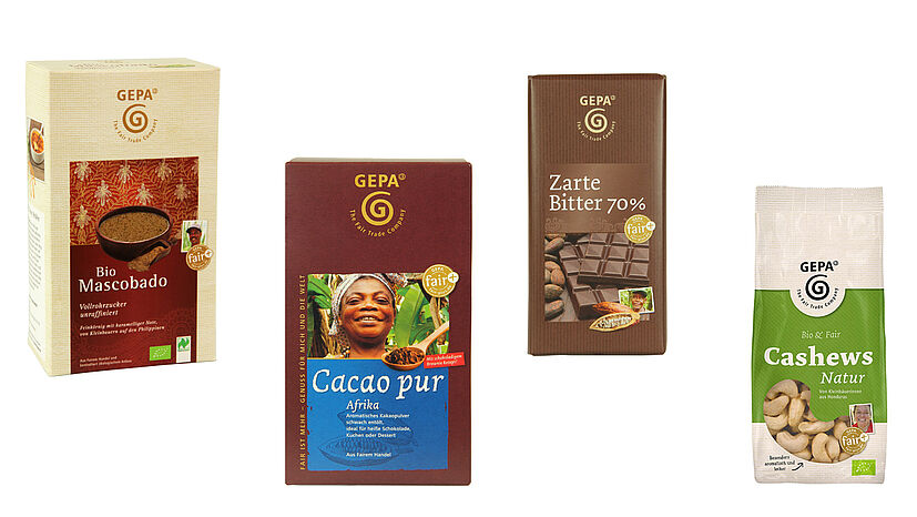 Unsere Faire Backbox enthält jeweils eine Packung Bio Mascobado Vollrohrzucker, Cacao pur Afrika, GEPA Zarte Bitter Schokolade 70% und Bio Cashews natur. Alle Zutaten können Sie einzeln natürlich auch im Weltladen kaufen.