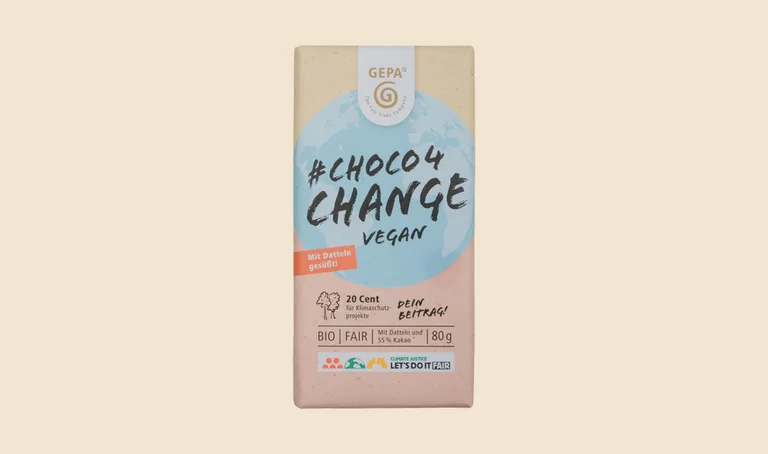Abbildung einer Schokoladenverpackung der GEPA #Choco4Change Vegan