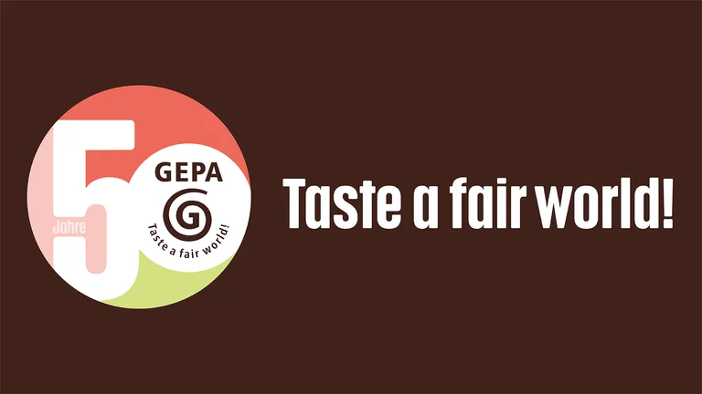 GEPA-Logo zum 50-jährigen Jubiläum, daneben der Schriftzug "Taste a fair world!"