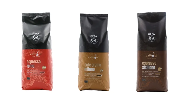 Die 3 Kaffees der GEPA-Cafe-Si-Linie in neuem Design.