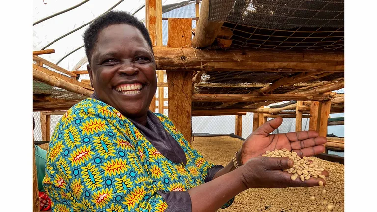 Frau in einem gro&szlig;en wei&szlig;en Zelt, in dem in einer Art Regalen Kaffeebohnen trocknen. Sie lacht und l&auml;sst Kaffeebohnen durch ihre Hand gleiten.
