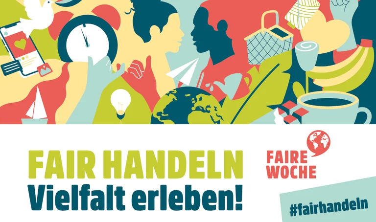 Key Visual der Fairen Woche 2025: Ob eine bunte Collage aus stilisierten Menschen, Smartphone, Händen, Weltkugel, Bananen, Kaffeetasse und mehr. Unten auf Weiß der Text "Fair Handeln. Vielfalt erleben!" sowie das Logo der Fairen Woche und der Hashtag #fairhandeln