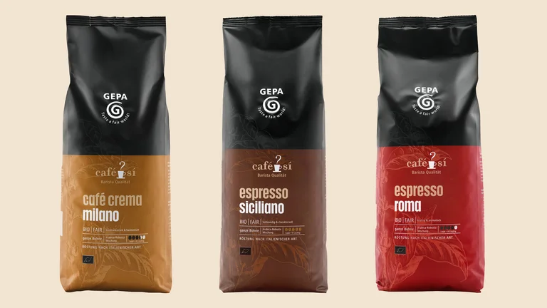 Die 3 Kaffees der GEPA-Cafe-Si-Linie in neuem Design.