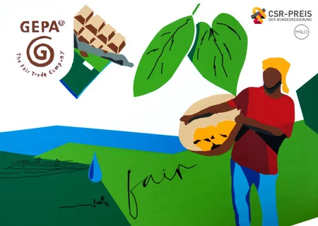 Stilisierte Grafik eines Kakaobauern, gr&uuml;ner Bl&auml;tter und einer Tafel Schokolade. Oben links das GEPA-Logo, oben rechts das Logo des CSR-Preises der Bundesregierung.