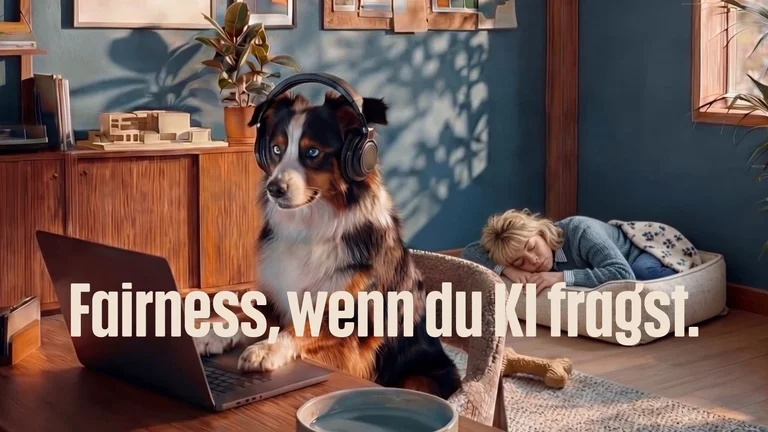 Ein Hund sitzt an einem Laptop und tr&auml;gt Kopfh&ouml;rer. Hinter ihm liegt Frauchen auf dem Hundekissen und schl&auml;ft. Text im Bild: "Fairness, wenn du KI fragst."