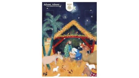Abbildung des GEPA-Schokoladen-Adventskalenders 2024 auf wei&szlig;em Hintergrund. Der Kalender zeigt ein Gem&auml;lde der Krippenszene.