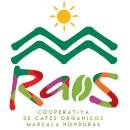 Logo von Raos mit zwei stilisierten Berggipfeln und einer Sonne dar&uuml;ber. Darunter der Schriftzug. Das O sieht aus wie eine Kaffeebohne.