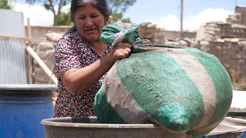 Und so stellt sie den Lama-Dung her: Der wasserdurchlässige Sack ist voll Lamaköttel. Wie einen großen Teebeutel lässt Doña Lydia ihn in einer Wassertonne mindestens zwei Monate ziehen.