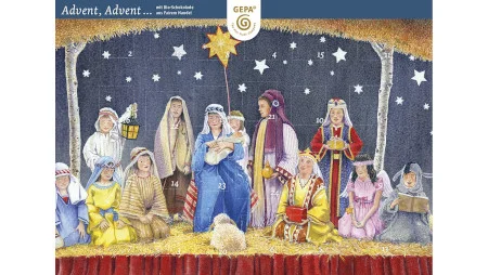 Der GEPA-Schokoladen-Adventskalender 2021 auf wei&szlig;em Hintergrund. Der Kalender zeigt ein gemaltes Krippenmotiv.