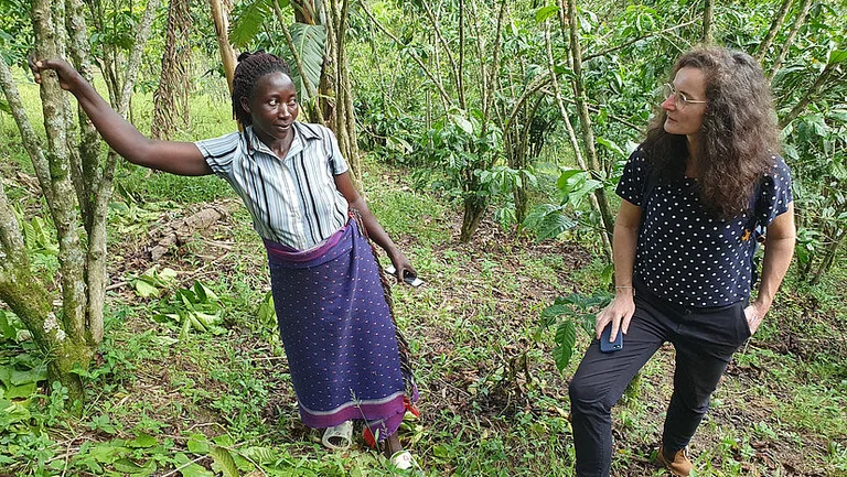 Zwei Frauen unterschiedlicher Hautfarbe in einem Kaffee-Mischwald, sie unterhalten sich und halten dabei beiläufig ihre Smartphones in der Hand.