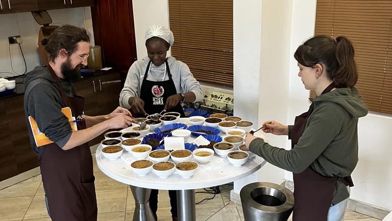 Ein Mann und zwei Frauen mit schwarzen Schürzen in einem Kaffeelabor. Sie stehen um einen runden Tisch mit vielen gefüllten Kaffeetassen und schöpfen mit Löffeln daraus.