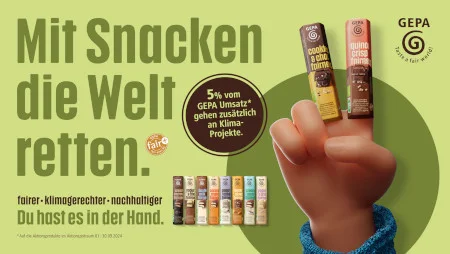 Motiv zur GEPA-Aktion "Mit Snacken die Welt retten" zur Fairen Woche 2024.