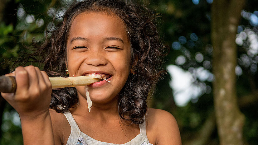 Sandricos neunjährige Tochter Chanel kaut auf einem Stück Zuckerrohr - für sie ist der Zucker süß geworden.