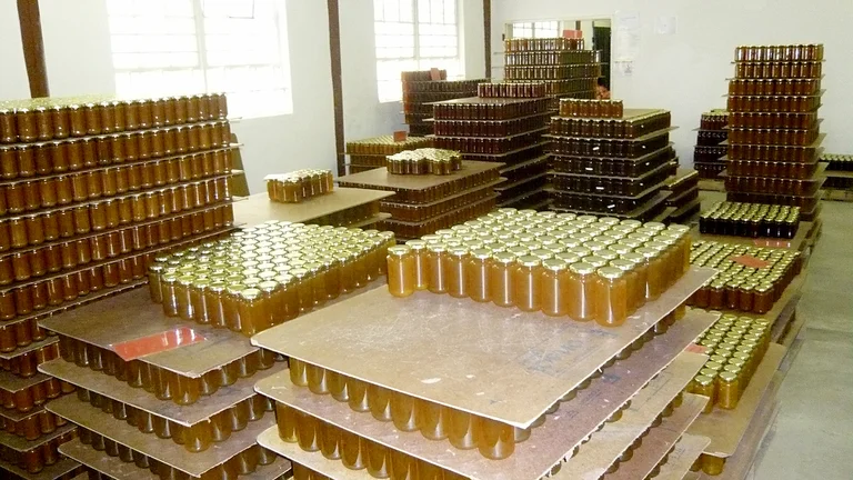 Lagerraum mit unzähligen Gläsern mit Honig darin