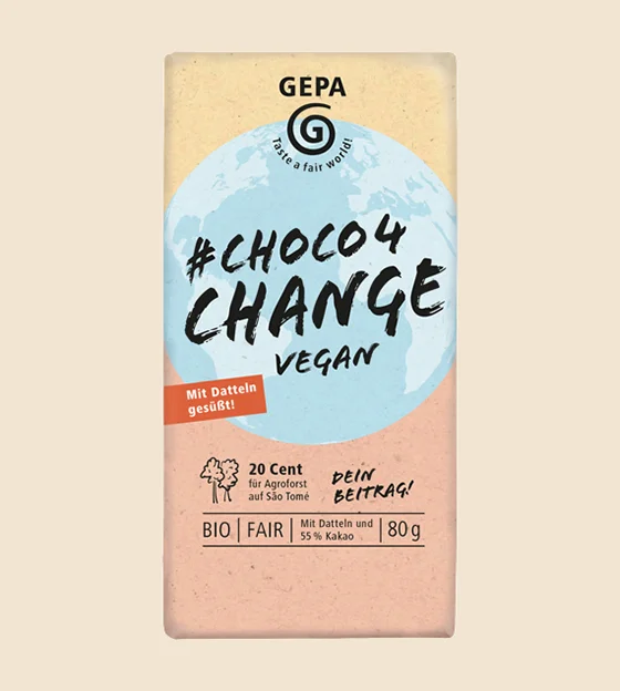 Abbildung einer Schokoladenverpackung der GEPA #Choco4Change Vegan