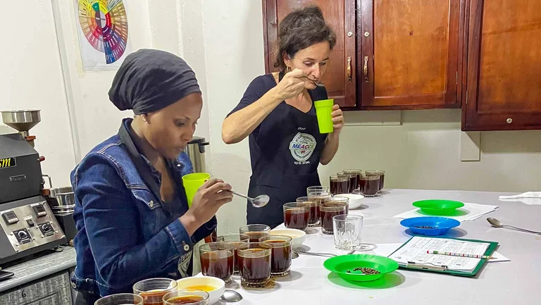 Zwei Frauen in einem Kaffeelabor. Vor ihnen auf einem Tisch stehen mehrere Gl&auml;ser Kaffee. Sie schl&uuml;rfen von einem L&ouml;ffel.